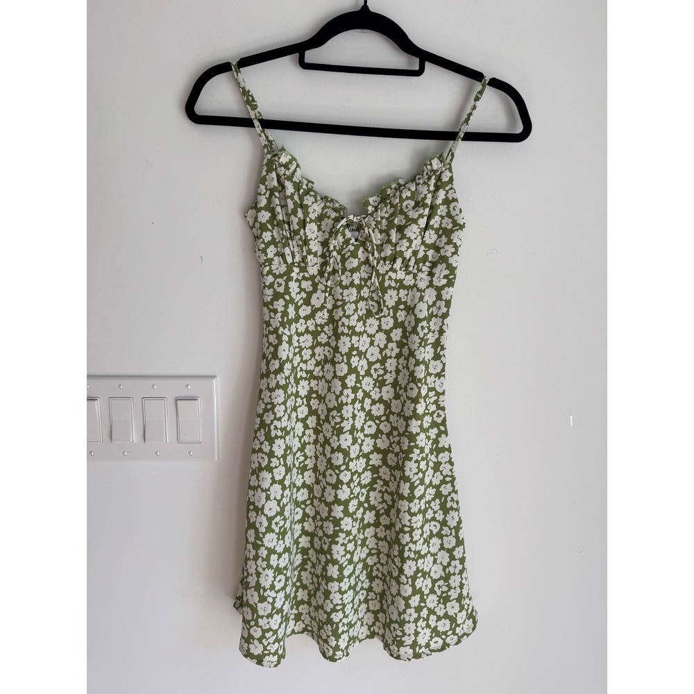Princess Polly Green Floral Mini Dress Ruffle Tie Front Smocked Back Size US 2